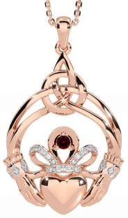 Diamond Garnet Rose Gold Celtic Claddagh Necklace