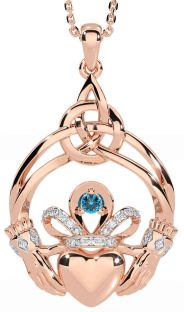 Diamond Topaz Rose Gold Celtic Claddagh Necklace