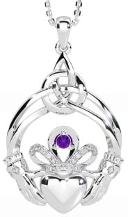 Diamond Amethyst Silver Celtic Claddagh Necklace