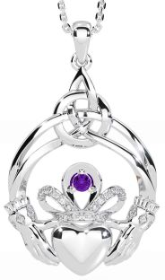 Diamond Amethyst White Gold Celtic Claddagh Necklace