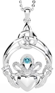 Diamond Aquamarine White Gold Celtic Claddagh Necklace