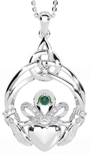 Diamond Emerald White Gold Celtic Claddagh Necklace