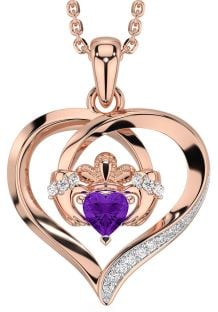 Diamond Amethyst Rose Gold Silver Claddagh Celtic Heart Necklace