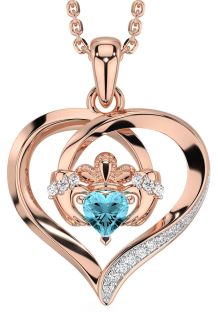 Diamond Aquamarine Rose Gold Silver Claddagh Celtic Heart Necklace