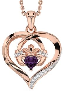 Diamond Alexandrite Rose Gold Silver Claddagh Celtic Heart Necklace