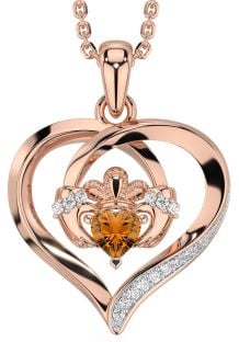 Diamond Citrine Rose Gold Silver Claddagh Celtic Heart Necklace