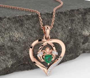 Diamond Emerald Rose Gold Silver Claddagh Celtic Heart Necklace