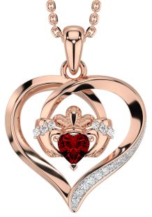 Diamond Garnet Rose Gold Silver Claddagh Celtic Heart Necklace