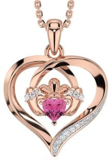 Turmalina roz diamant Aur roz Claddagh Celtic Colier de inimă