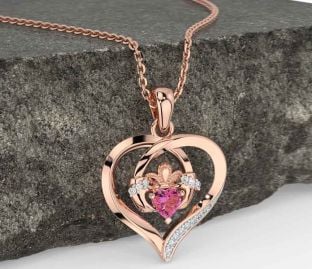 Diamond Pink Tourmaline Rose Gold Silver Claddagh Celtic Heart Necklace