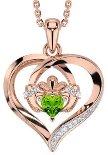 Diamond Peridot Rose Gold Silver Claddagh Celtic Heart Necklace