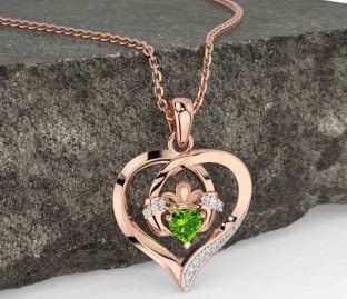 Diamond Peridot Rose Gold Silver Claddagh Celtic Heart Necklace