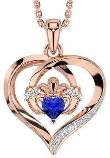 Diamond Sapphire Rose Gold Silver Claddagh Celtic Heart Necklace