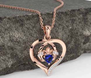 Diamond Sapphire Rose Gold Silver Claddagh Celtic Heart Necklace