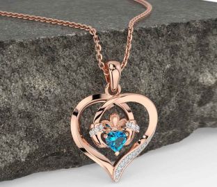 Diamond Topaz Rose Gold Silver Claddagh Celtic Heart Necklace