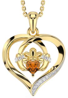 Diamond Citrine Gold Silver Claddagh Celtic Heart Necklace