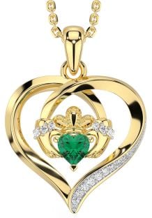 Diamond Emerald Gold Silver Claddagh Celtic Heart Necklace