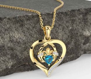 Diamond Topaz Gold Silver Claddagh Celtic Heart Necklace