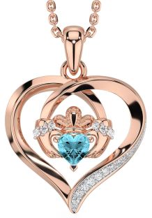 Diamond Aquamarine Rose Gold Claddagh Celtic Heart Necklace