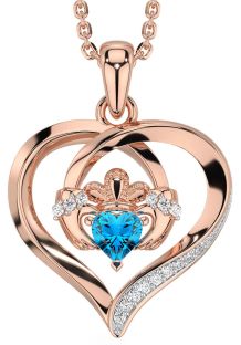 Diamond Topaz Rose Gold Claddagh Celtic Heart Necklace