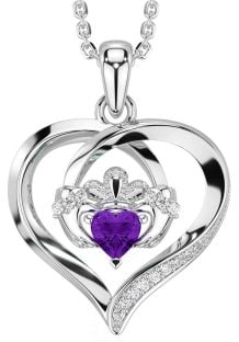 Diamond Amethyst Silver Claddagh Celtic Heart Necklace