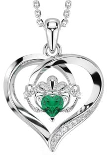 Diamond Emerald Silver Claddagh Celtic Heart Necklace