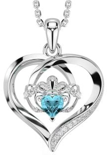 Diamond Aquamarine White Gold Claddagh Celtic Heart Necklace