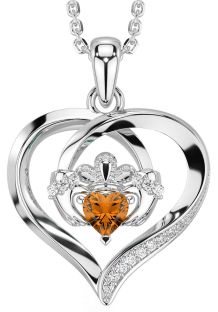 Diamond Citrine White Gold Claddagh Celtic Heart Necklace