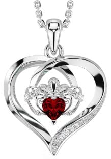 Diamond Garnet White Gold Claddagh Celtic Heart Necklace