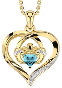 Diamond Aquamarine Gold Claddagh Celtic Heart Necklace