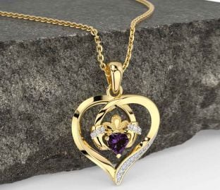 Diamond Alexandrite Gold Claddagh Celtic Heart Necklace
