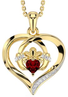 Diamond Garnet Gold Claddagh Celtic Heart Necklace