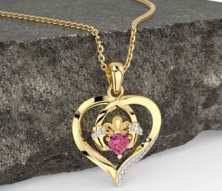 Diamond Pink Tourmaline Gold Claddagh Celtic Heart Necklace