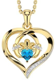 Diamond Topaz Gold Claddagh Celtic Heart Necklace