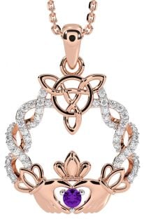 Diamond Amethyst Rose Gold Silver Celtic Claddagh Necklace