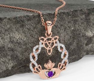 Diamond Amethyst Rose Gold Silver Celtic Claddagh Necklace
