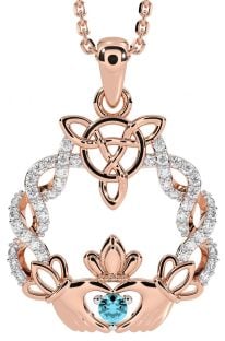 Diamond Aquamarine Rose Gold Silver Celtic Claddagh Necklace