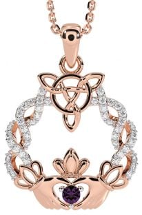 Diamond Alexandrite Rose Gold Silver Celtic Claddagh Necklace