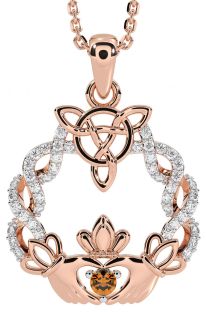 Diamond Citrine Rose Gold Silver Celtic Claddagh Necklace