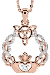 Diamond Rose Gold Silver Celtic Claddagh Necklace