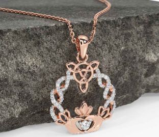 Diamond Rose Gold Silver Celtic Claddagh Necklace