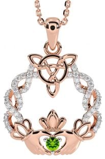 Diamond Peridot Rose Gold Silver Celtic Claddagh Necklace