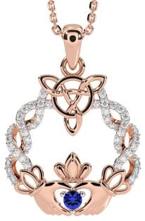 Diamond Sapphire Rose Gold Silver Celtic Claddagh Necklace