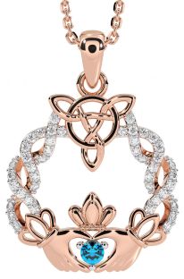 Diamond Topaz Rose Gold Silver Celtic Claddagh Necklace