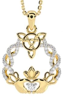 Diamond Gold Silver Celtic Claddagh Necklace