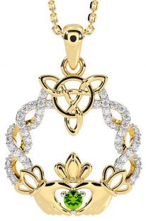 Diamond Peridot Gold Silver Celtic Claddagh Necklace