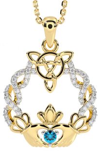 Diamond Topaz Gold Silver Celtic Claddagh Necklace