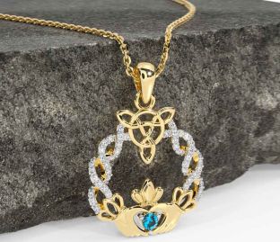 Diamond Topaz Gold Silver Celtic Claddagh Necklace