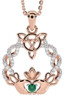 Diamond Emerald Rose Gold Celtic Claddagh Necklace