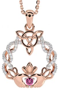 Diamond Pink Tourmaline Rose Gold Celtic Claddagh Necklace